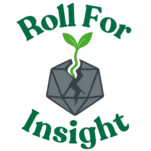 Roll for Insight logo showing a cracked D20 with a green sprout growing from it