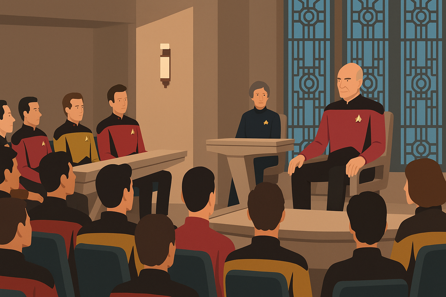 Flat art illustration of a Star Trek-inspired interrogation scene, symbolizing authentic leadership under pressure.